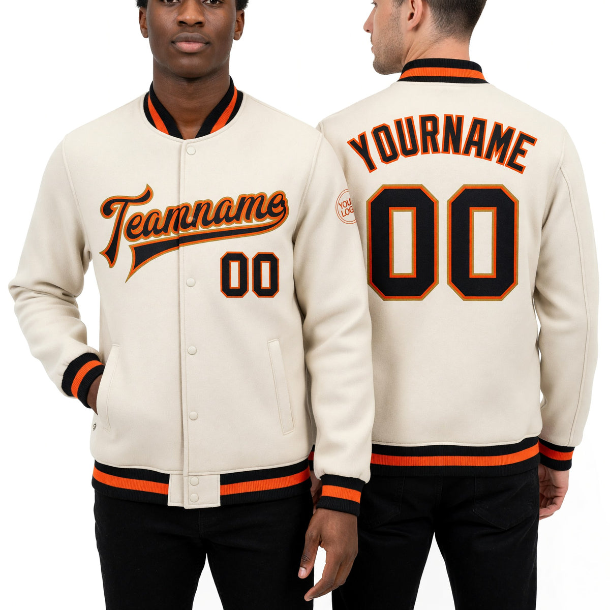 Custom Cream Black Orange-Old Gold Bomber Full-Snap Varsity Letterman Jacket worn front and back