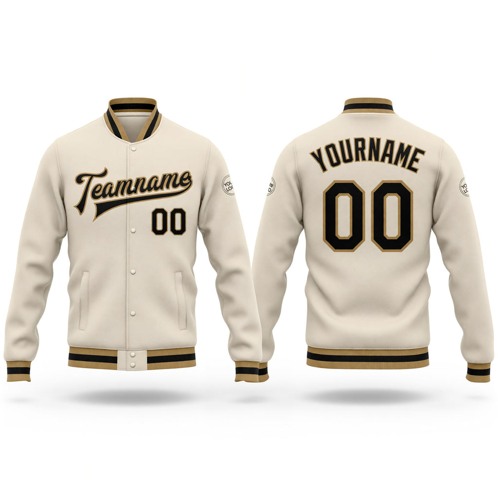 Custom Cream Black Old Gold Bomber Full-Snap Varsity Letterman Jacket