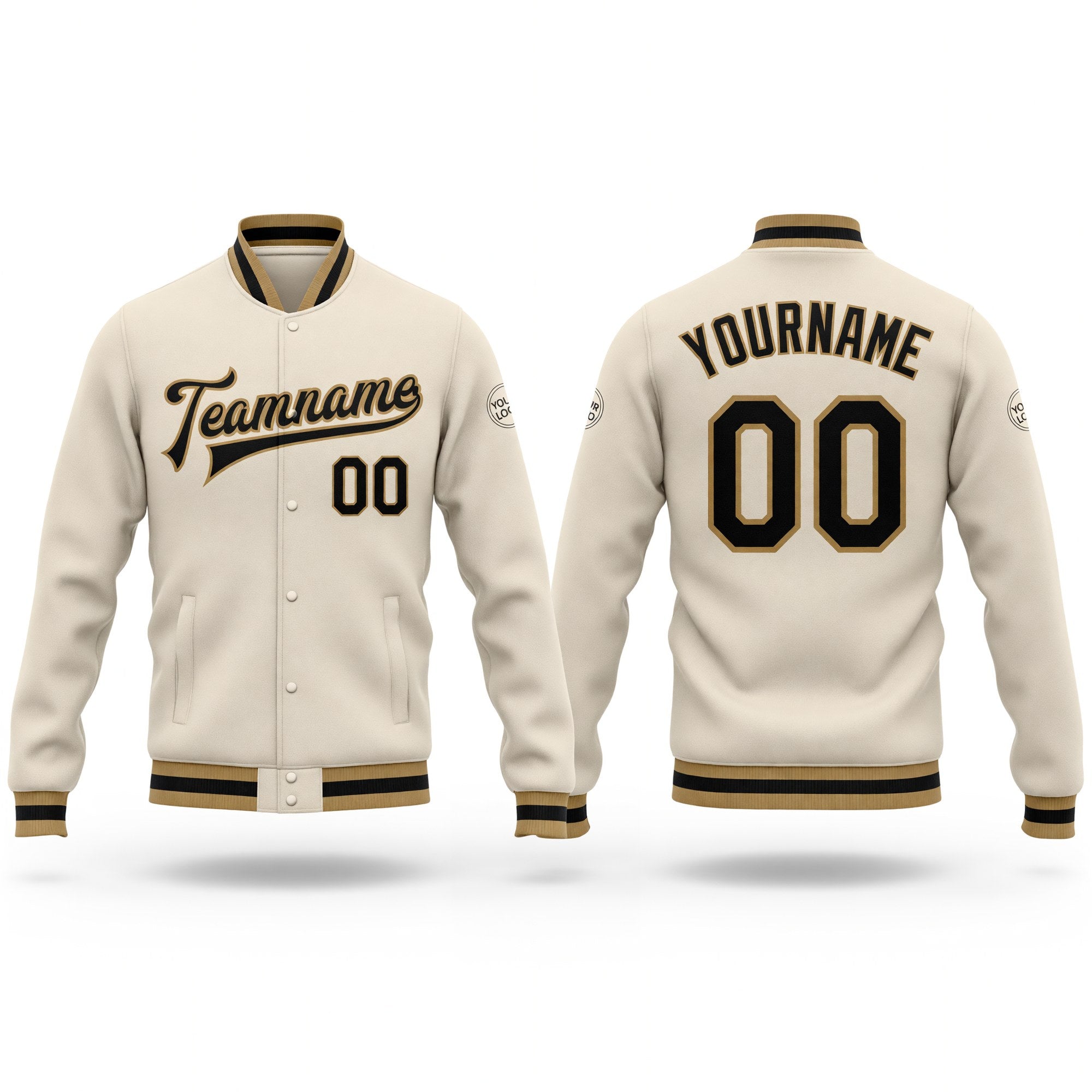 Custom Cream Black Old Gold Bomber Full-Snap Varsity Letterman Jacket
