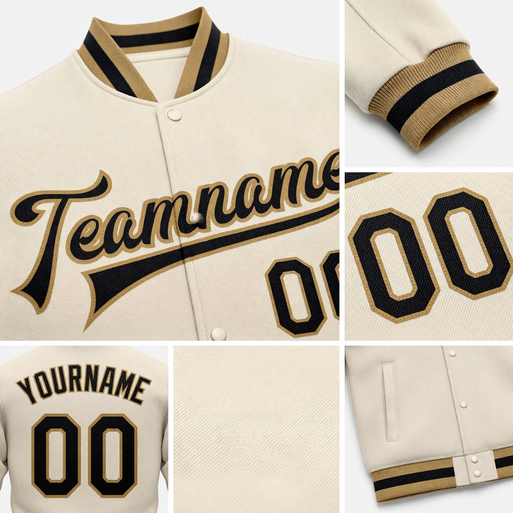 Custom Cream Black Old Gold Bomber Full-Snap Varsity Letterman Jacket detail