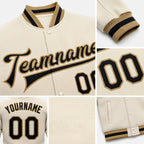 Custom Cream Black Old Gold Bomber Full-Snap Varsity Letterman Jacket detail
