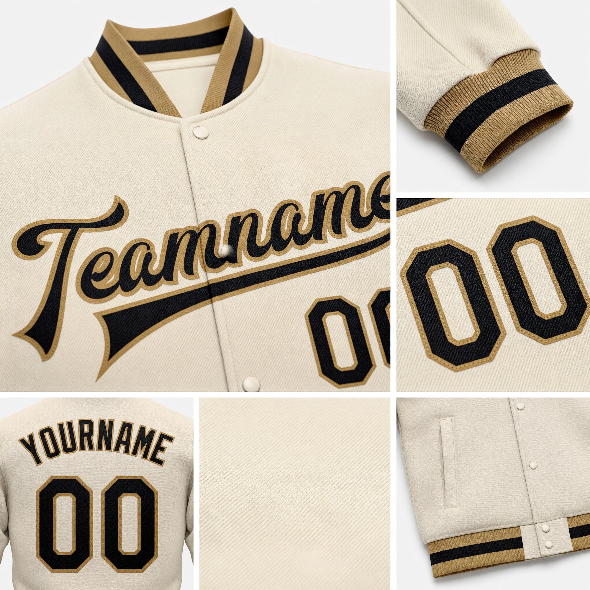 Custom Cream Black Old Gold Bomber Full-Snap Varsity Letterman Jacket detail