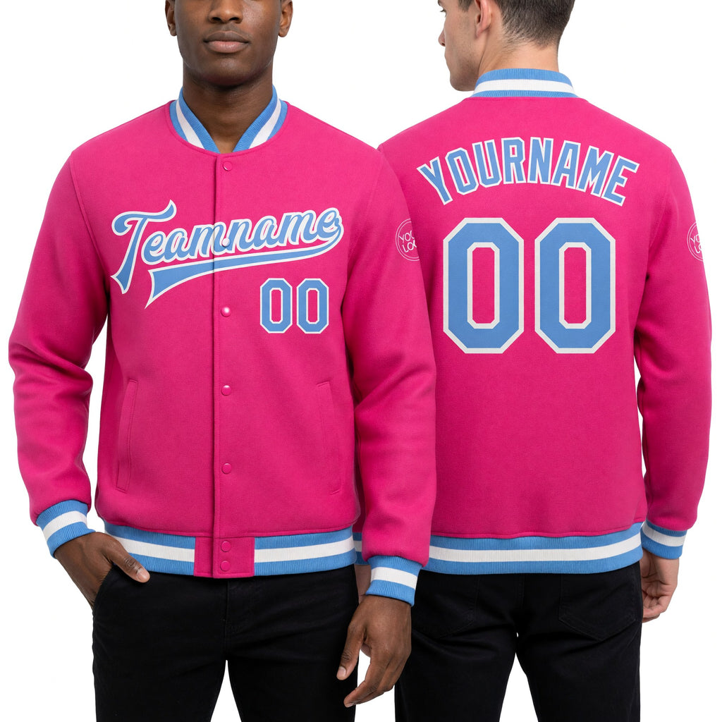 Custom Pink Light Blue-White Bomber Full-Snap Varsity Letterman Jacket worn front and back