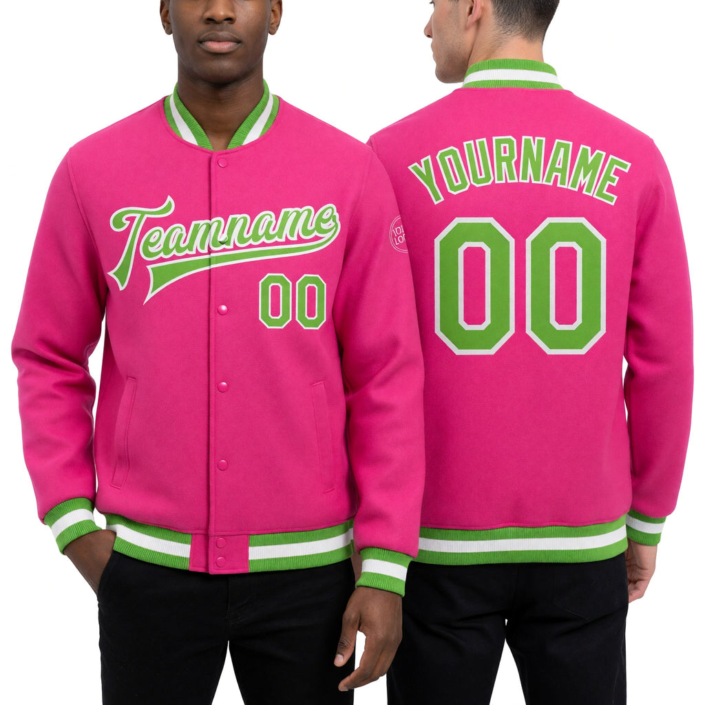 Custom Pink Neon Green-White Bomber Full-Snap Varsity Letterman Jacket worn front and back