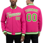 Custom Pink Neon Green-White Bomber Full-Snap Varsity Letterman Jacket worn front and back