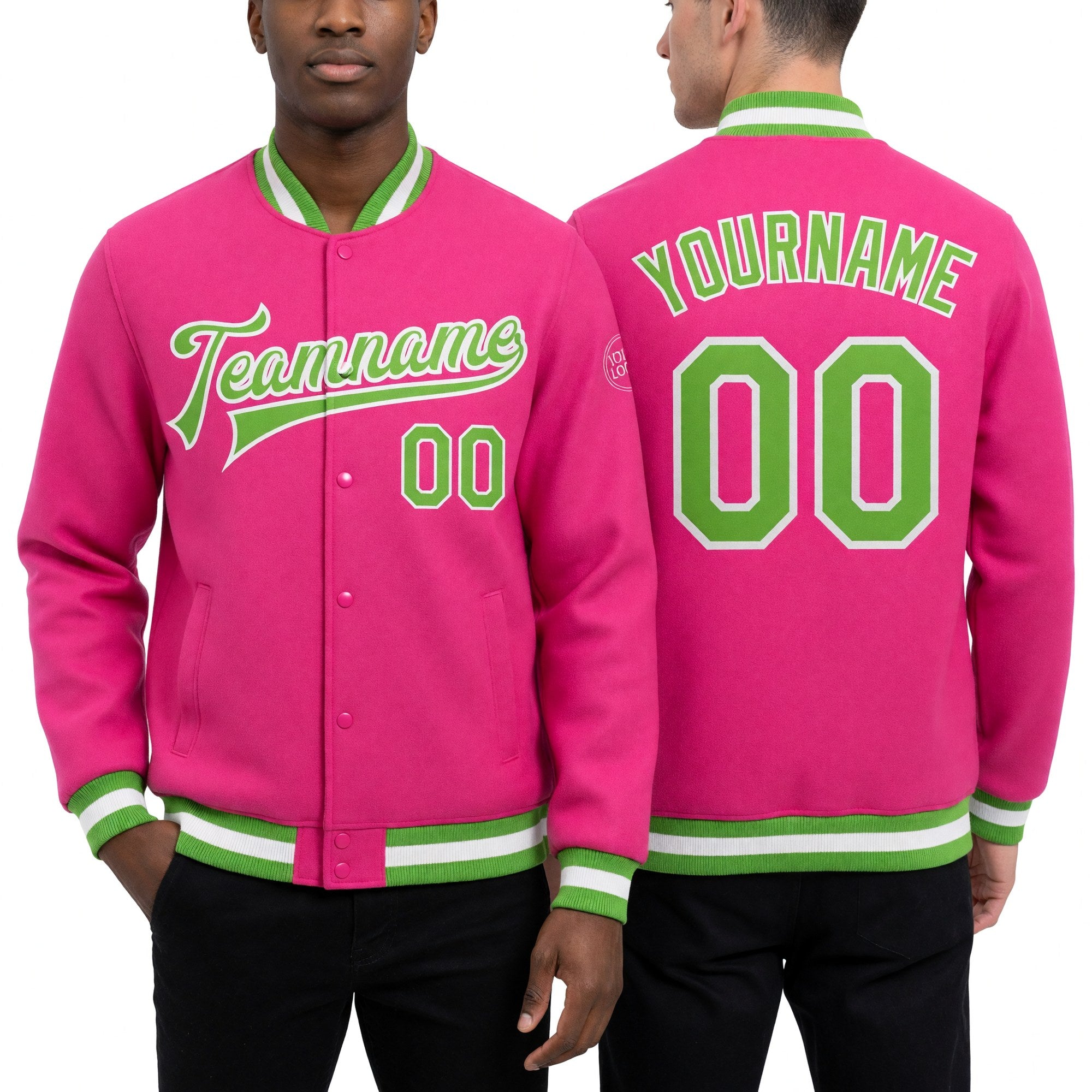 Custom Pink Neon Green-White Bomber Full-Snap Varsity Letterman Jacket worn front and back