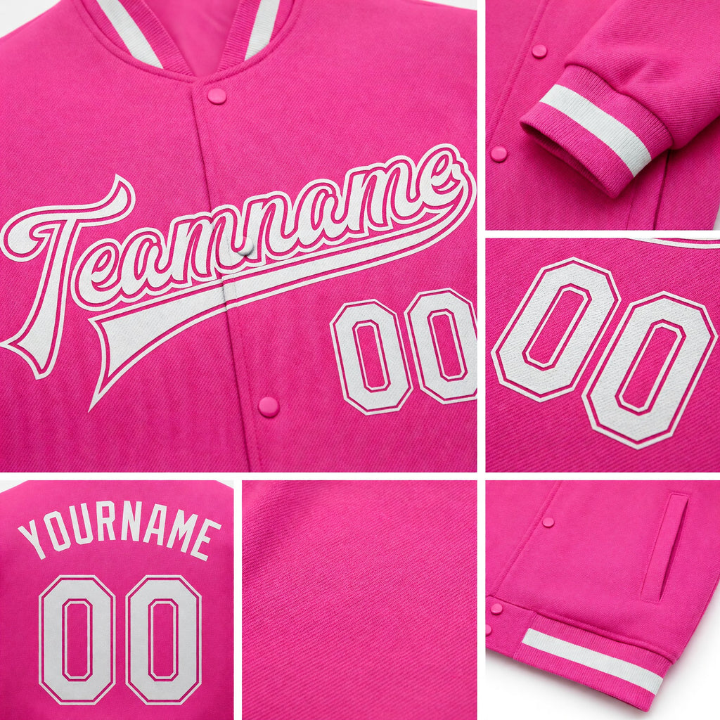 Custom Pink White Bomber Full-Snap Varsity Letterman Jacket detail