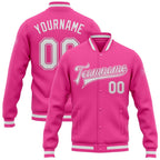 Custom Pink White Bomber Full-Snap Varsity Letterman Jacket photo 1