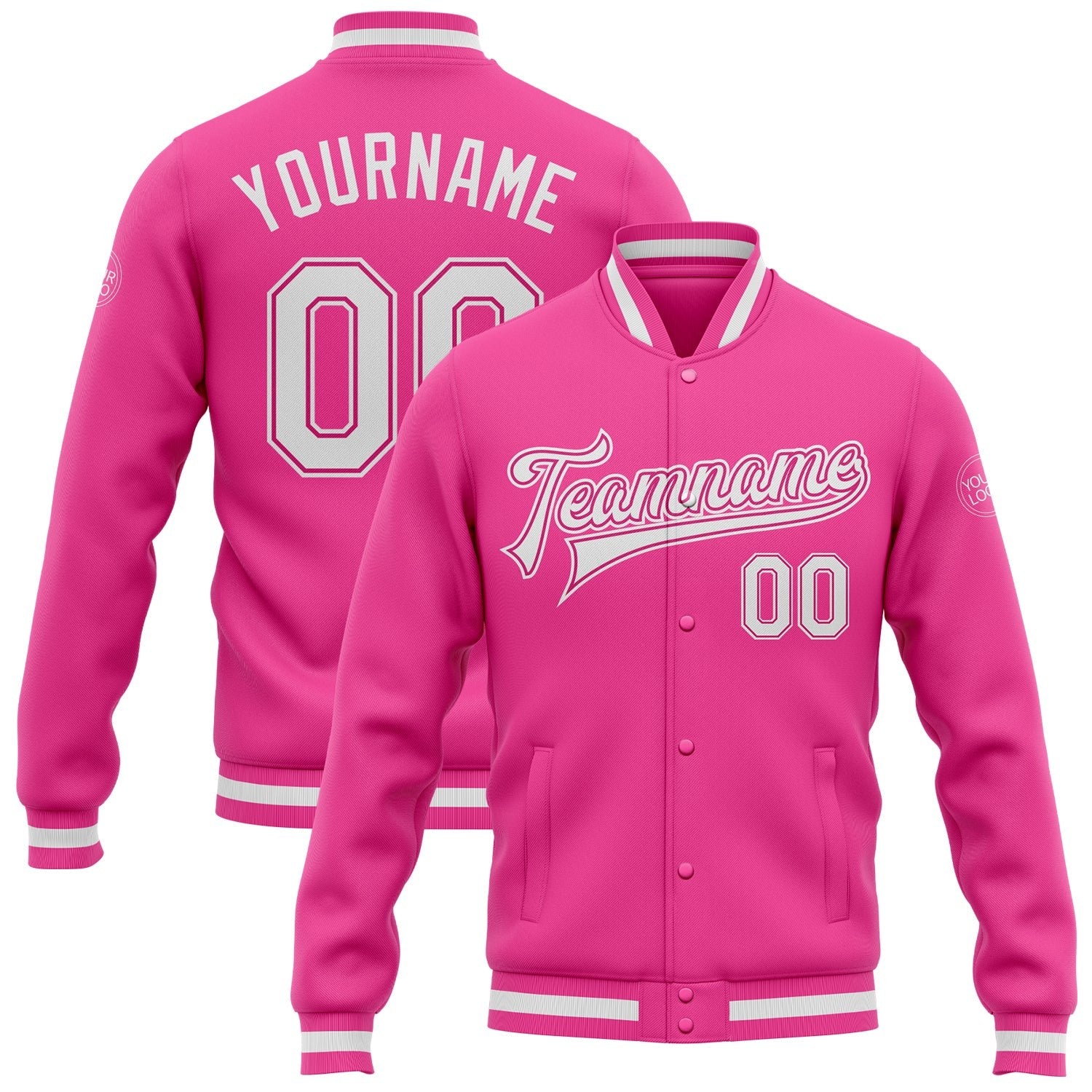 Custom Pink White Bomber Full-Snap Varsity Letterman Jacket photo 1