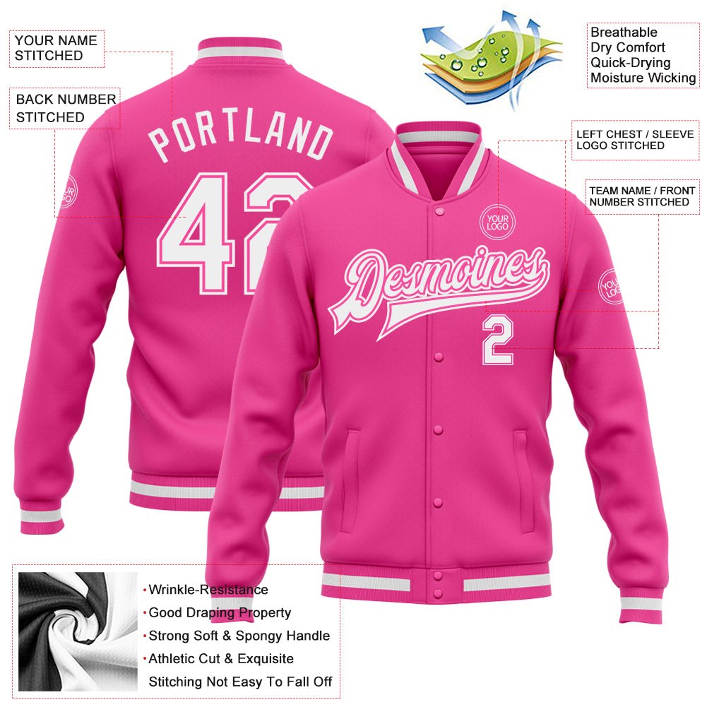 Custom Pink White Bomber Full-Snap Varsity Letterman Jacket photo 5