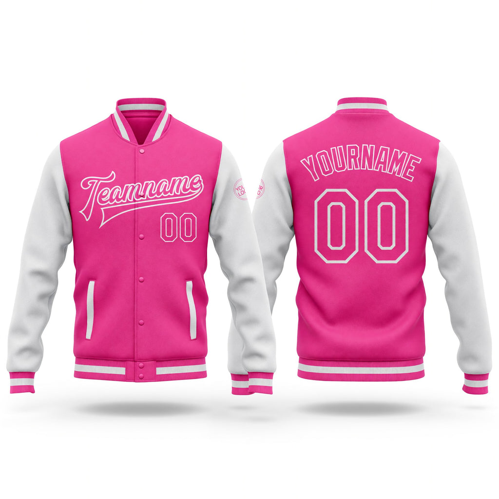 Custom Pink Pink-White Bomber Full-Snap Varsity Letterman Two Tone Jacket