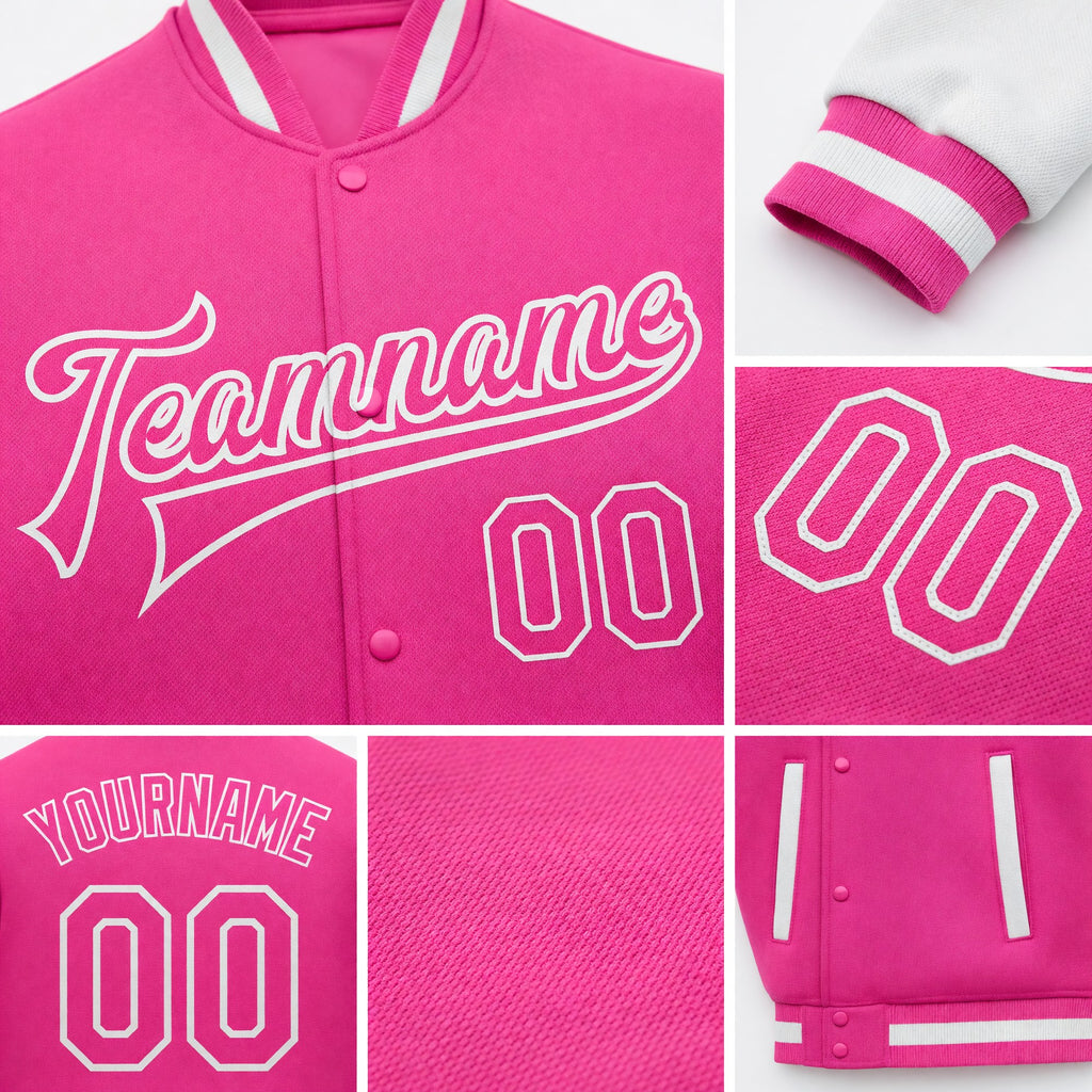 Custom Pink Pink-White Bomber Full-Snap Varsity Letterman Two Tone Jacket detail