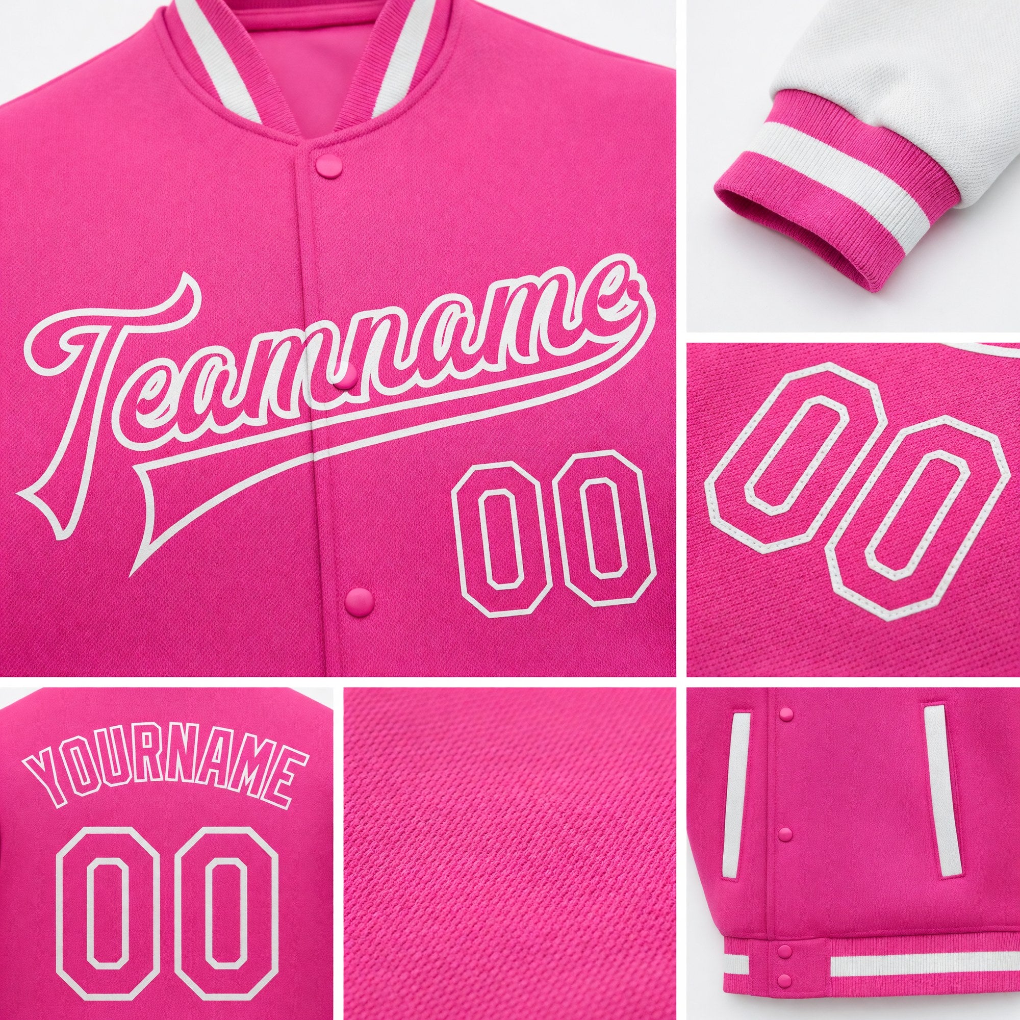 Custom Pink Pink-White Bomber Full-Snap Varsity Letterman Two Tone Jacket detail