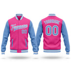 Custom Pink Light Blue-White Bomber Full-Snap Varsity Letterman Two Tone Jacket