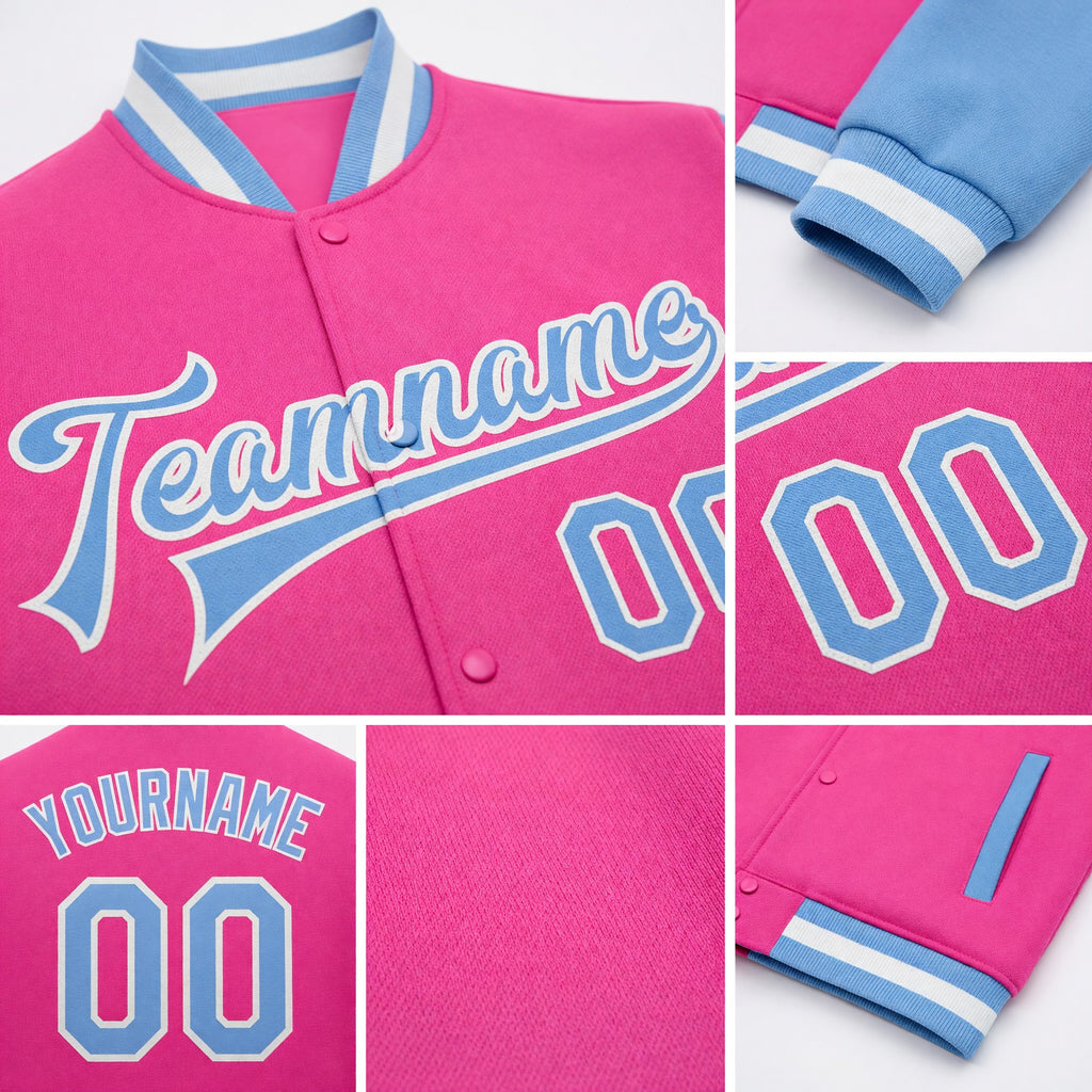 Custom Pink Light Blue-White Bomber Full-Snap Varsity Letterman Two Tone Jacket detail