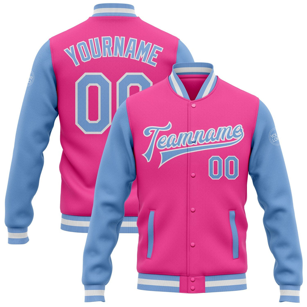 Custom Pink Light Blue-White Bomber Full-Snap Varsity Letterman Two Tone Jacket photo 1