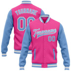 Custom Pink Light Blue-White Bomber Full-Snap Varsity Letterman Two Tone Jacket photo 1
