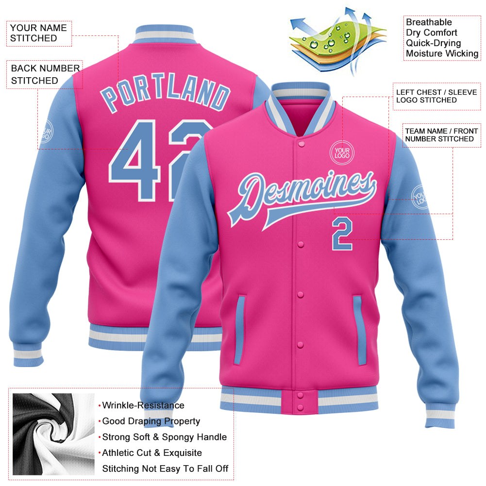 Custom Pink Light Blue-White Bomber Full-Snap Varsity Letterman Two Tone Jacket photo 5