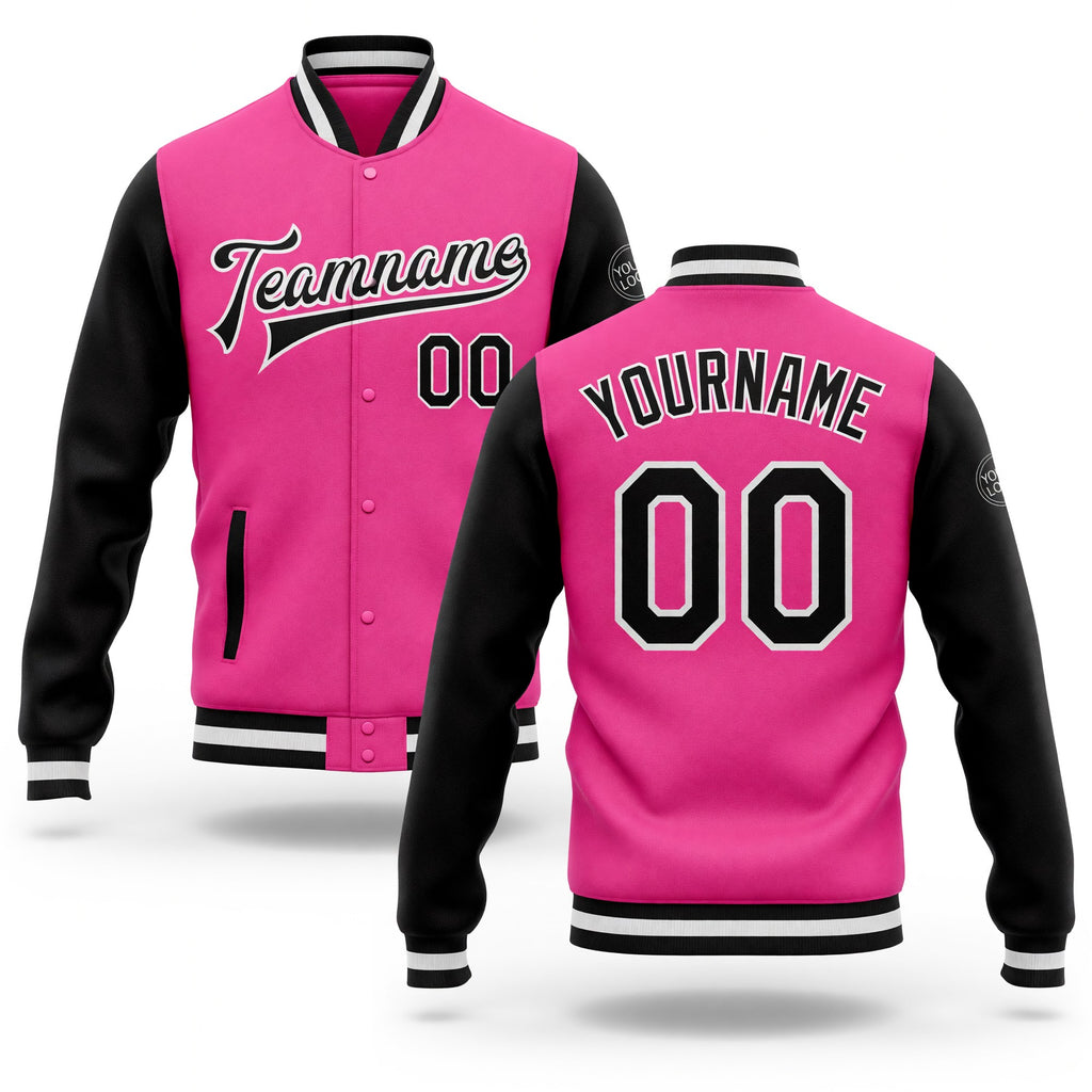 Custom Pink Black-White Bomber Full-Snap Varsity Letterman Two Tone Jacket