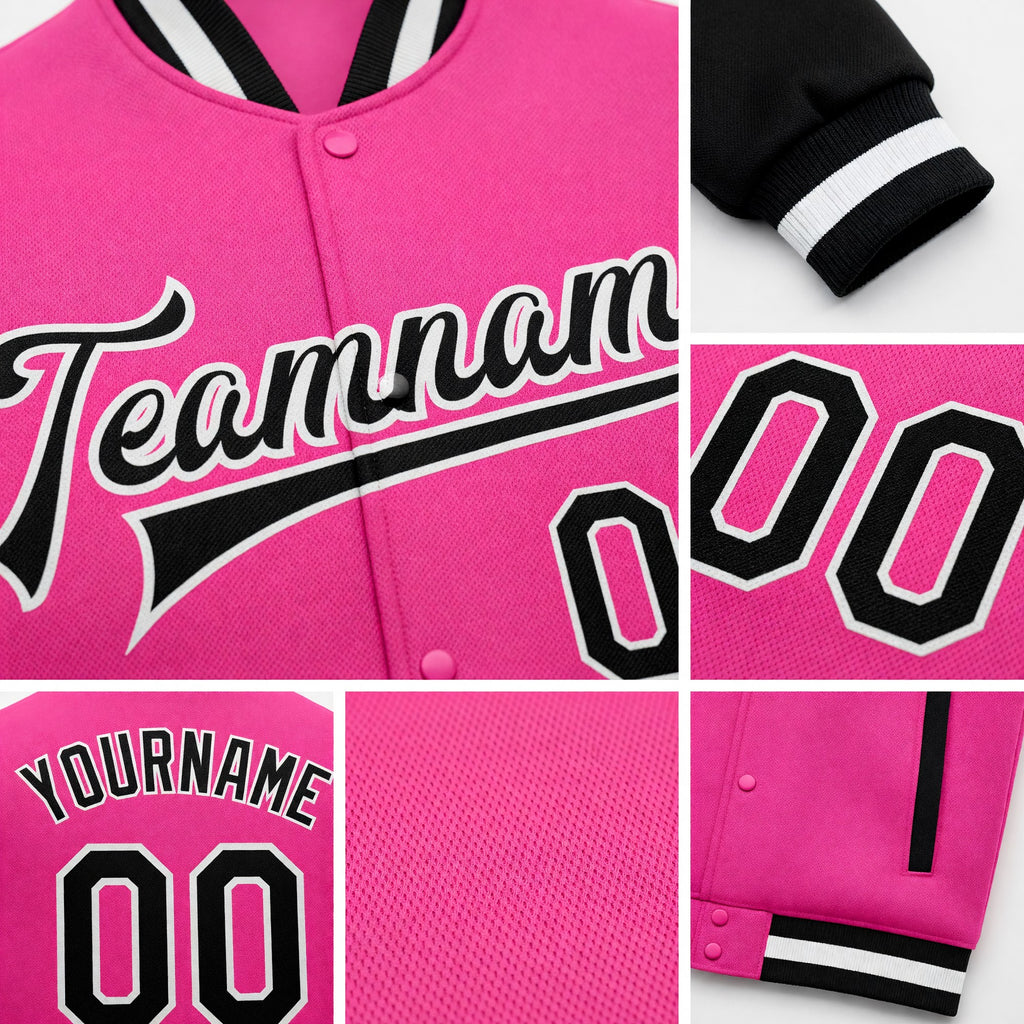 Custom Pink Black-White Bomber Full-Snap Varsity Letterman Two Tone Jacket detail