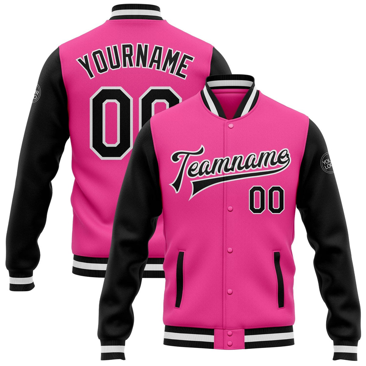 Custom Pink Black-White Bomber Full-Snap Varsity Letterman Two Tone Jacket photo 1