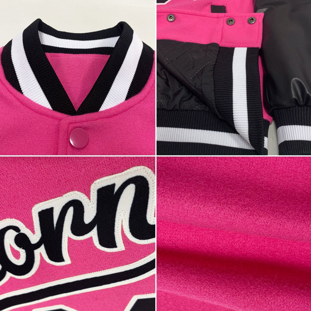 Custom Pink Black-White Bomber Full-Snap Varsity Letterman Two Tone Jacket photo 4