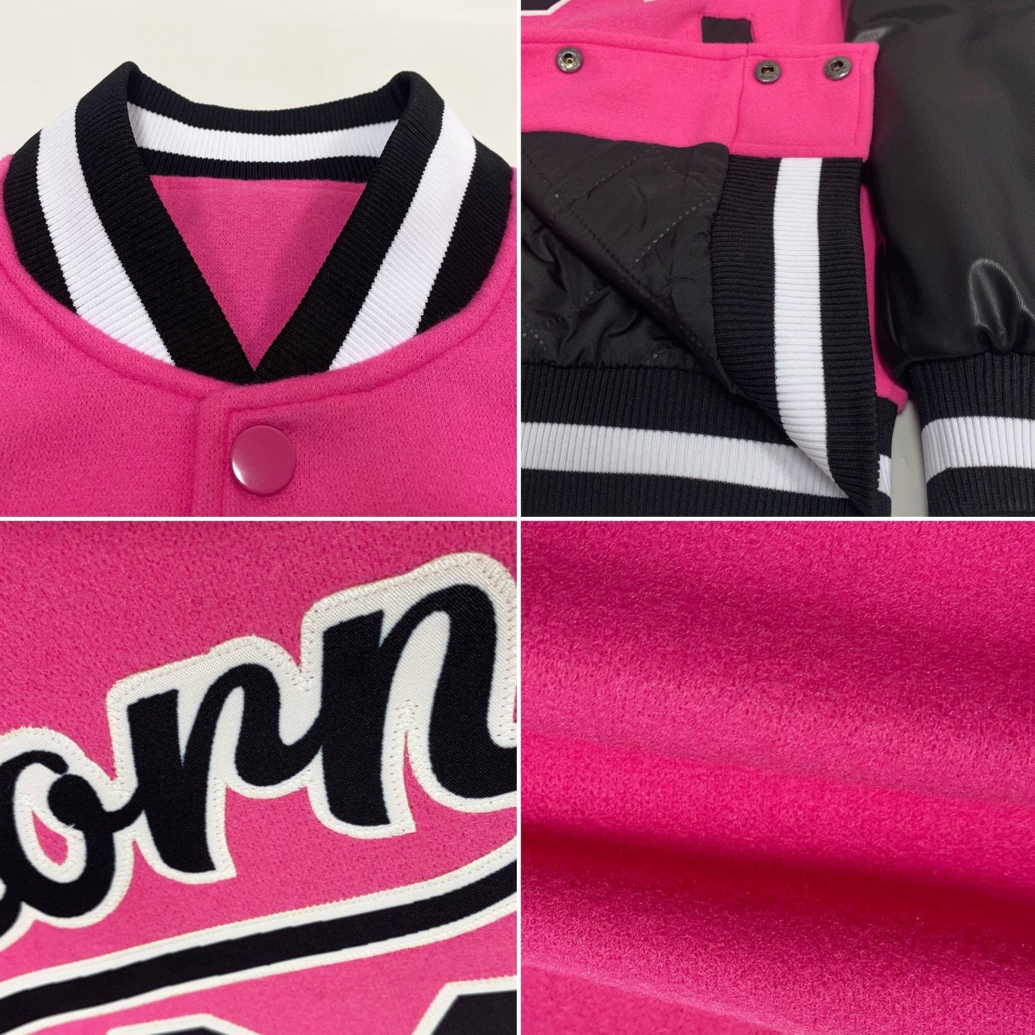 Custom Pink Black-White Bomber Full-Snap Varsity Letterman Two Tone Jacket photo 4