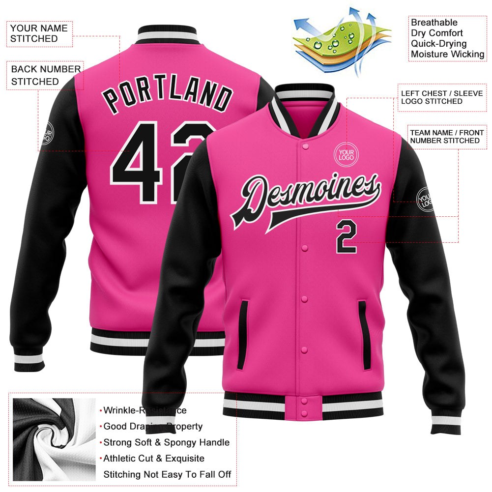 Custom Pink Black-White Bomber Full-Snap Varsity Letterman Two Tone Jacket photo 5