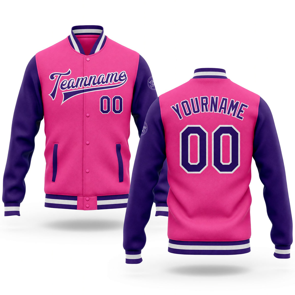 Custom Pink Purple-White Bomber Full-Snap Varsity Letterman Two Tone Jacket