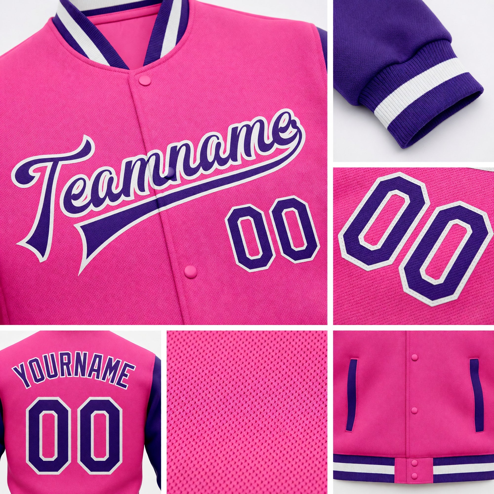Custom Pink Purple-White Bomber Full-Snap Varsity Letterman Two Tone Jacket detail