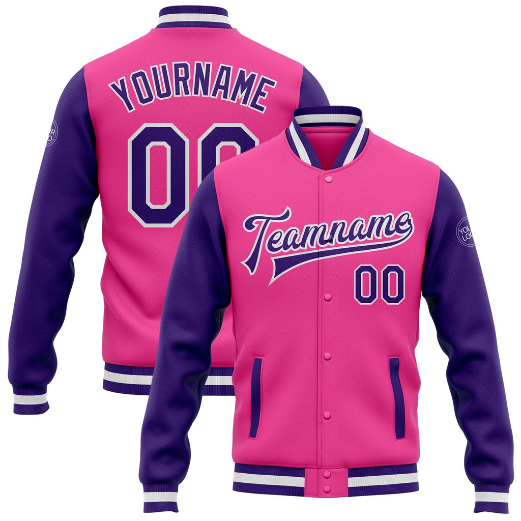 Custom Pink Purple-White Bomber Full-Snap Varsity Letterman Two Tone Jacket photo 1