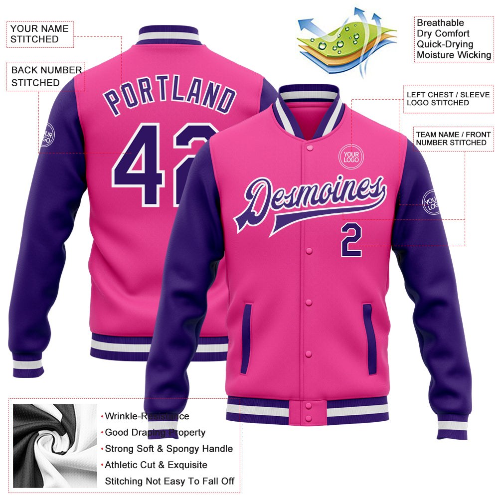 Custom Pink Purple-White Bomber Full-Snap Varsity Letterman Two Tone Jacket photo 5