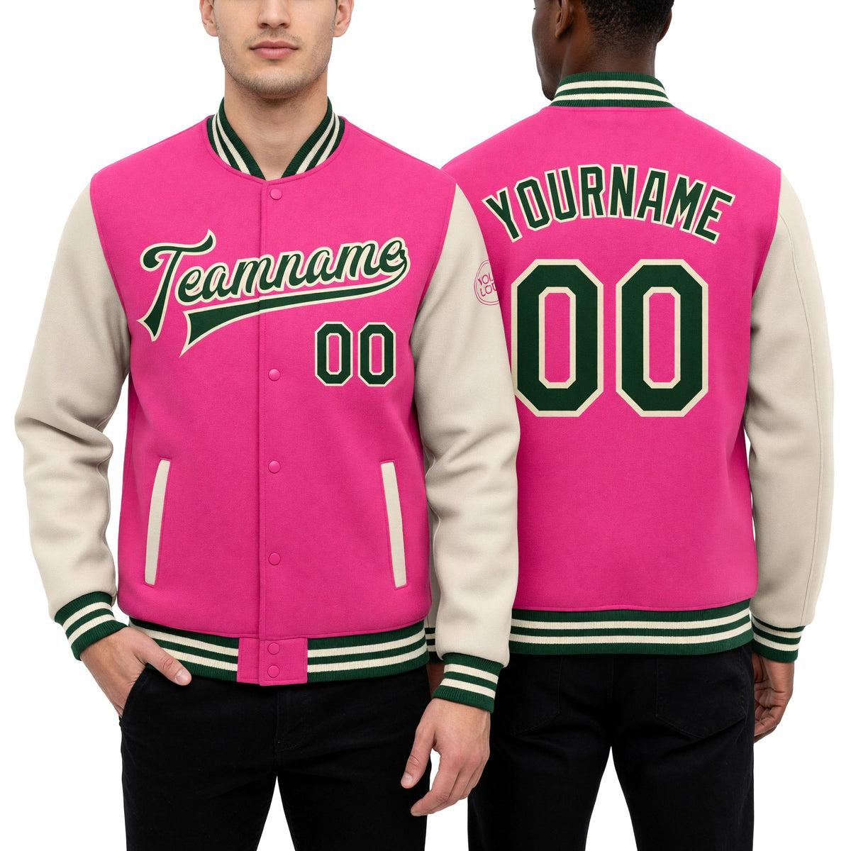 Custom Pink Green-Cream Bomber Full-Snap Varsity Letterman Two Tone Jacket worn front and back