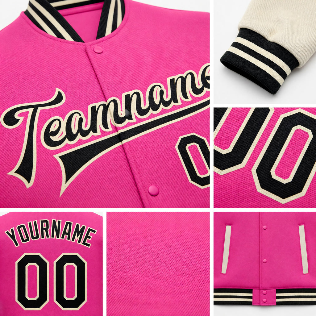 Custom Pink Black-Cream Bomber Full-Snap Varsity Letterman Two Tone Jacket detail