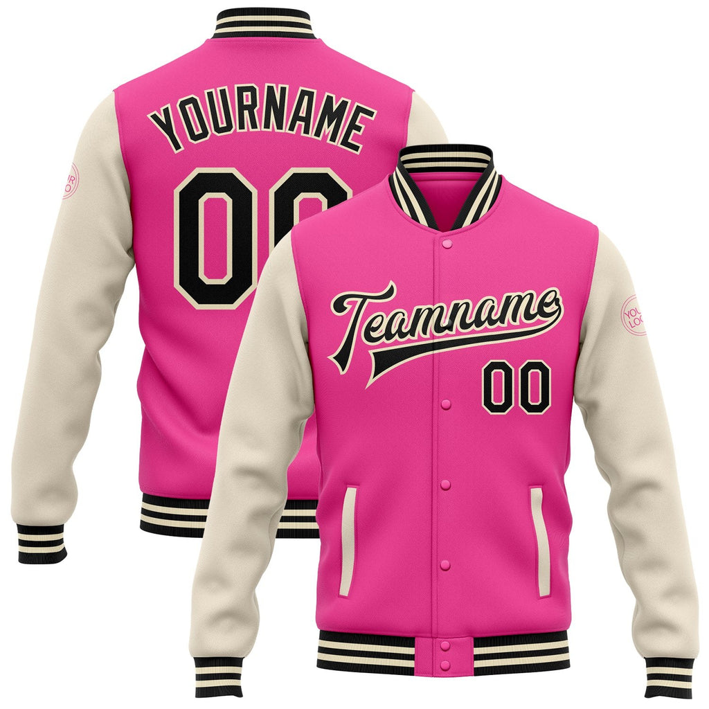 Custom Pink Black-Cream Bomber Full-Snap Varsity Letterman Two Tone Jacket photo 1