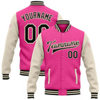 Custom Pink Black-Cream Bomber Full-Snap Varsity Letterman Two Tone Jacket photo 1