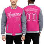 Custom Pink Pink Gray-White Bomber Full-Snap Varsity Letterman Two Tone Jacket worn front and back