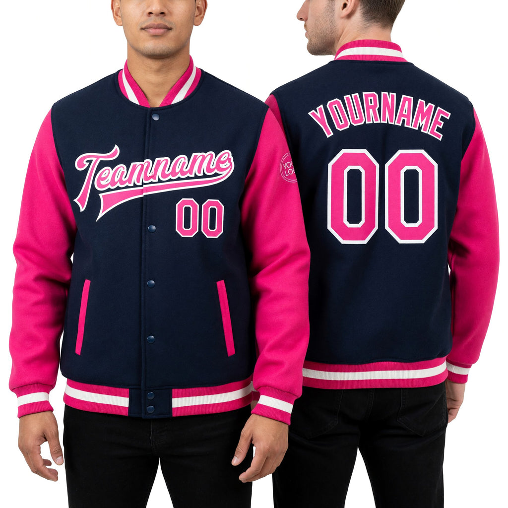 Custom Royal Pink-White Bomber Full-Snap Varsity Letterman Two Tone Jacket worn front and back