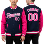 Custom Royal Pink-White Bomber Full-Snap Varsity Letterman Two Tone Jacket worn front and back