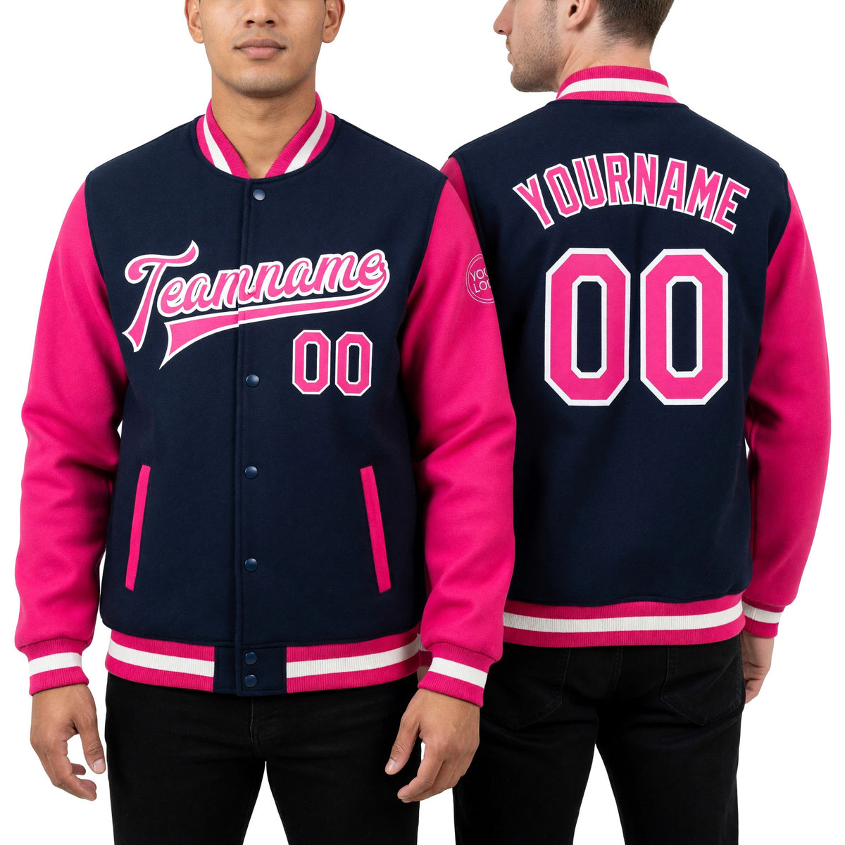 Custom Royal Pink-White Bomber Full-Snap Varsity Letterman Two Tone Jacket worn front and back