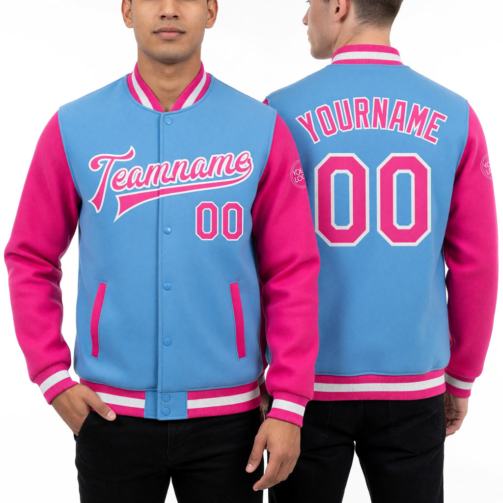 Custom Light Blue Pink-White Bomber Full-Snap Varsity Letterman Two Tone Jacket worn front and back