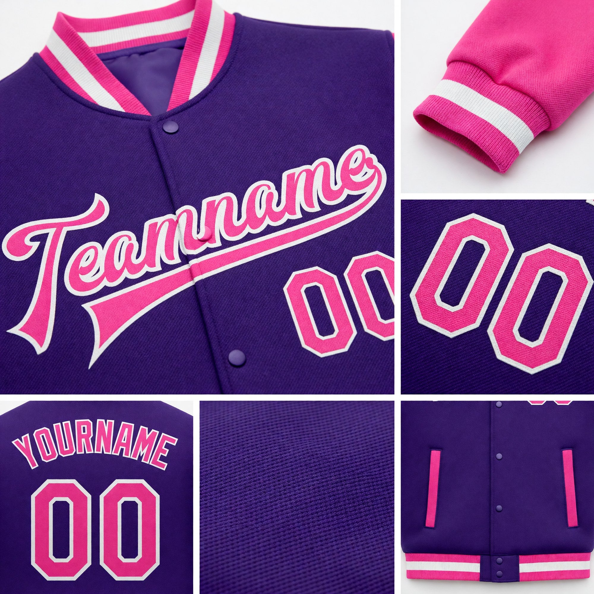 Custom Purple Pink-White Bomber Full-Snap Varsity Letterman Two Tone Jacket detail