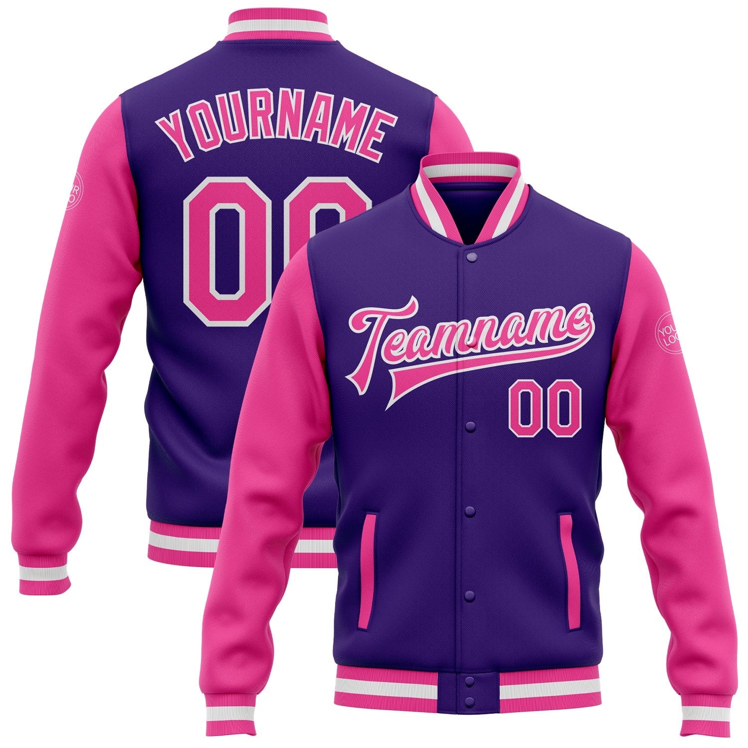 Custom Purple Pink-White Bomber Full-Snap Varsity Letterman Two Tone Jacket photo 1