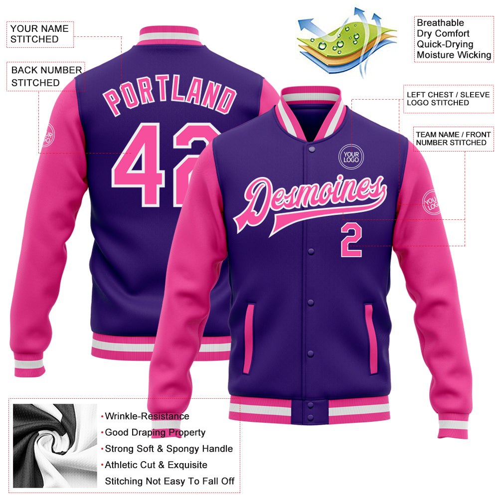 Custom Purple Pink-White Bomber Full-Snap Varsity Letterman Two Tone Jacket photo 5