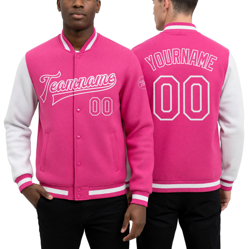 Custom Pink Pink-White Bomber Full-Snap Varsity Letterman Split Fashion Jacket worn front and back