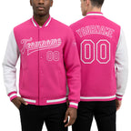 Custom Pink Pink-White Bomber Full-Snap Varsity Letterman Split Fashion Jacket worn front and back