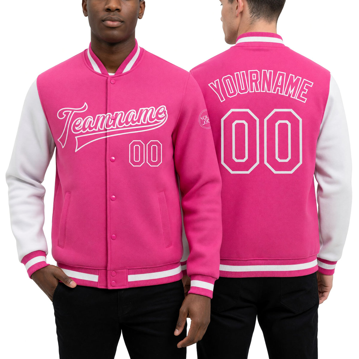 Custom Pink Pink-White Bomber Full-Snap Varsity Letterman Split Fashion Jacket worn front and back