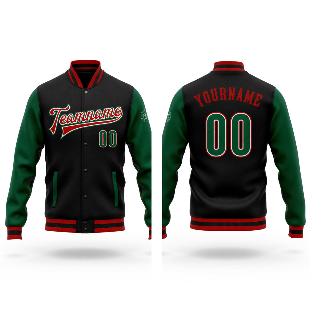 Custom Black Kelly Green-Red Bomber Full-Snap Varsity Letterman Two Tone Jacket