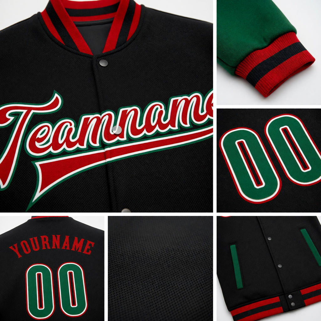 Custom Black Kelly Green-Red Bomber Full-Snap Varsity Letterman Two Tone Jacket detail