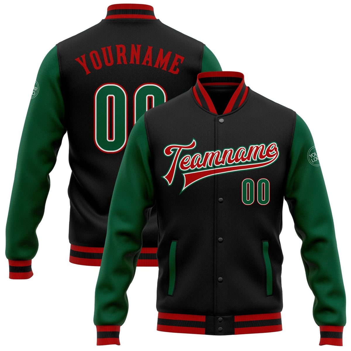 Custom Black Kelly Green-Red Bomber Full-Snap Varsity Letterman Two Tone Jacket photo 1